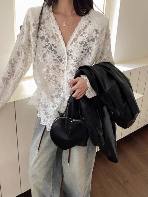 Vintage Summer Lace Blouses Women See Through Sheer Long Sleeve Sun Shirts Korean Style Casual Sun Protection Sexy Ladies Tops