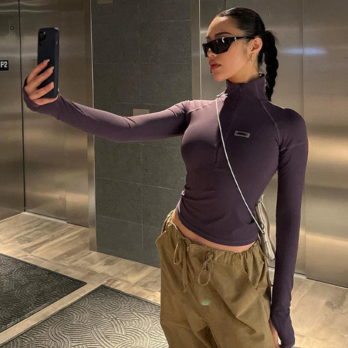 Y2K Long Sleeve Zip Crop Top for Women