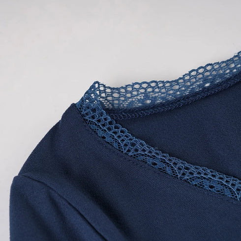 Lace Trim Patchwork V-Neck A-Line Long Sleeve Top