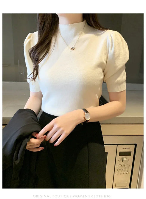 Women's Puff Sleeve Knitted Blouse with Half Turtleneck