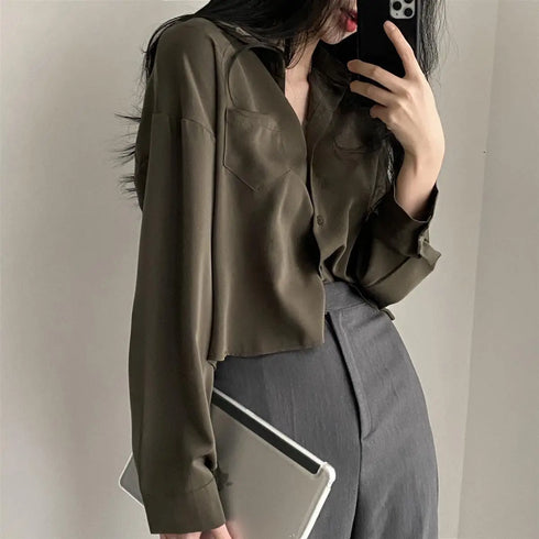 Long Sleeve Casual Blouse with Pockets