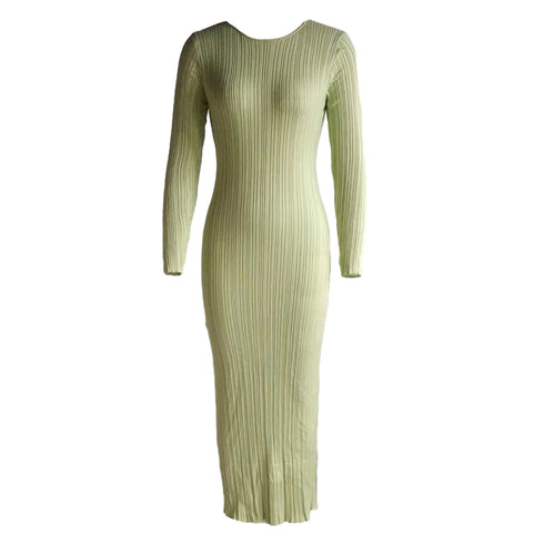 Women Spring Autumn Solid Color Bodycon Knit Dress Long Sleeve Crew Neck Ribbed Dress Slim Fit Long Dress for Effortless Elegance