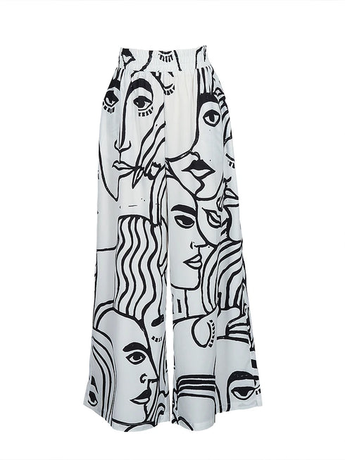 Plus Size Wide Leg Casual Trousers with Print Design