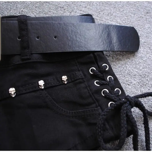 Low Rise Denim Shorts with Lace-Up Detail