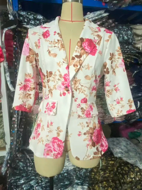 Floral Printed Autumn Blazer with Three Quarter Sleeves