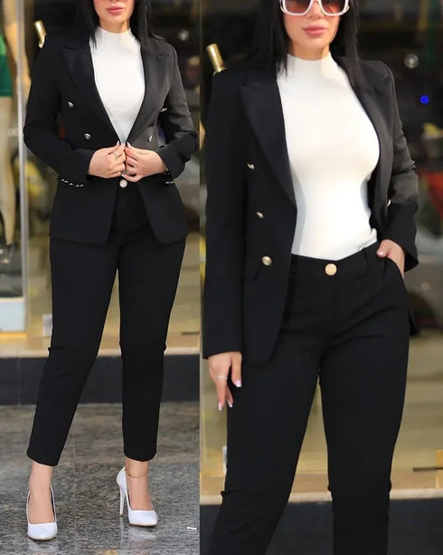 Notched Neck Blazer & High Waist Pants Set for Women