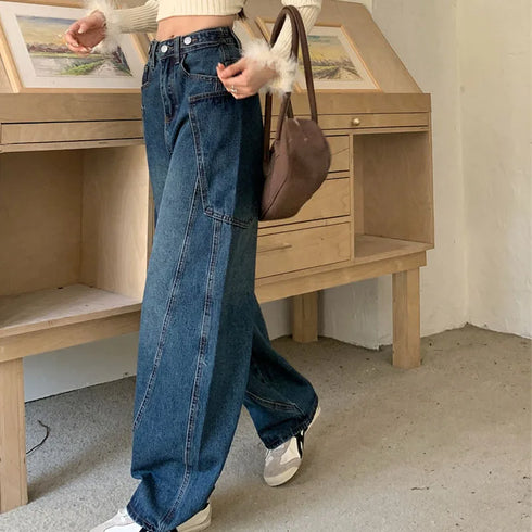 Women's High Waist Wide Leg Denim Jeans in Navy