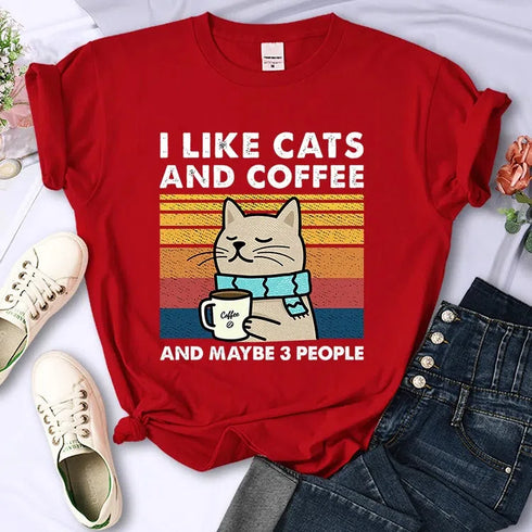 Cute Cat & Coffee Graphic Tee for Women