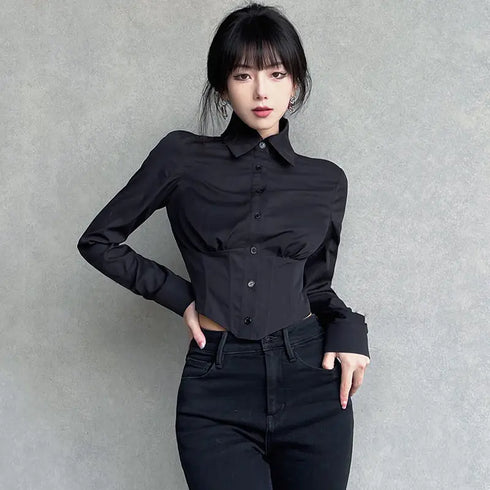 Zadily Long Sleeve Button-Up Crop Top in Black