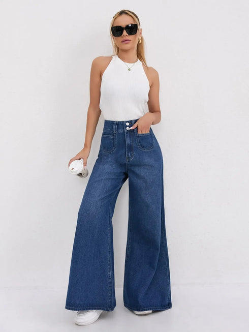 High Waist Wide Leg Denim Trousers for Women