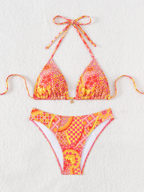 Floral Print Triangle Bikini Set with Brazilian Bottoms
