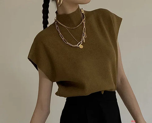 Solid Stand-up Collar Knitted Blouse Vest