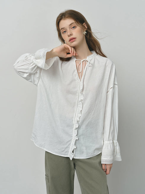 Lace-Up V-Neck Long Sleeve Casual Shirt for Women