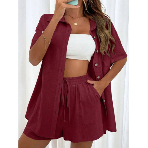Solid Colour Casual Loose Short Pants Set for Women