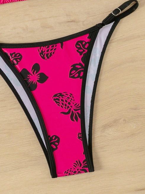 Floral Contrast Print Adjustable Bikini Set