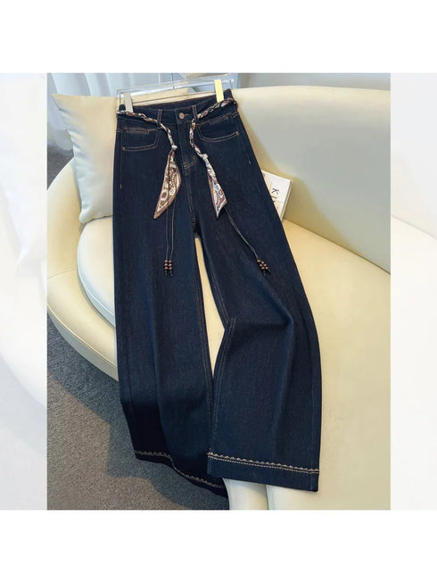 Wide Leg Denim Jeans with Scarf Belt