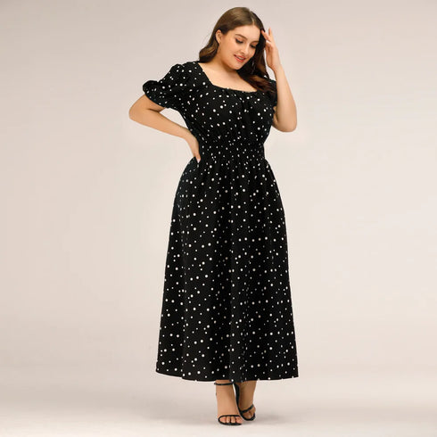 Plus Size Polka Dot Summer Dress with Puff Sleeves