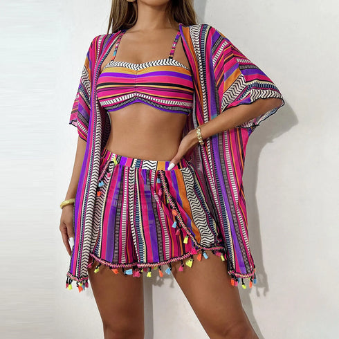 4-Piece High Waisted Bikini Set with Kimono