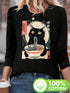 Women's Black Cat Eating Ramen Graphic T-Shirt