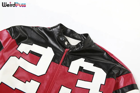 Weird Puss Faux Leather Varsity Jacket for Women