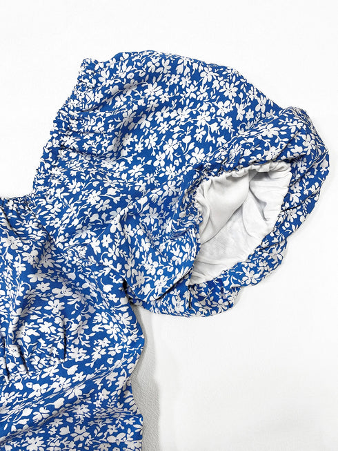 Women's Boho Ditsy Floral Print Ruched Split Thigh Midi Dress with Puff Sleeves and Square Neck for Summer and Vacation