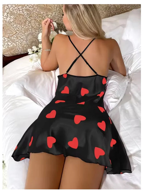 Heart Print Slip Nightdress Casual Crew Neck Mini Sleepwear