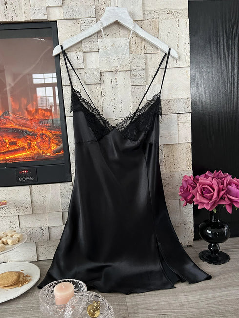 Women's Satin V-Neck Nightdress with Lace Slit