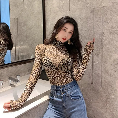 Women’s Leopard Print Turtleneck Long Sleeve Top