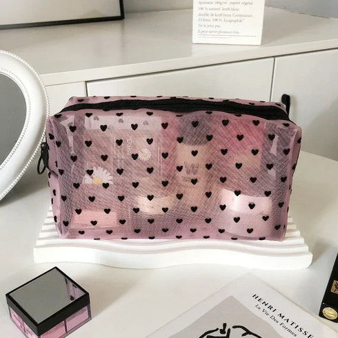 Heart Shaped Nylon Mesh Cosmetic Bag