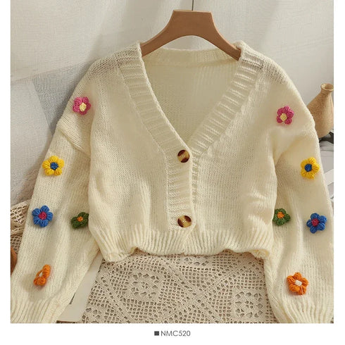 PTKPCC New Autumn Colourful Applique Flower Cardigan for Women Soft V-neck Knit Crop Sweater with Floral Design