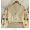 PTKPCC New Autumn Colourful Applique Flower Cardigan for Women Soft V-neck Knit Crop Sweater with Floral Design