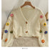PTKPCC New Autumn Colourful Applique Flower Cardigan for Women Soft V-neck Knit Crop Sweater with Floral Design