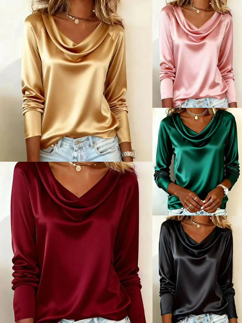 Luxurious Draping Long Sleeve Silk-Like Top