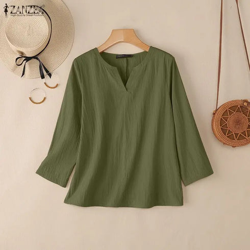 2025 ZANZEA Autumn Blouse Women V Neck Long Sleeve Tops Casual Solid Loose Shirt Female OL Work Blouses Retro Tunic Blusas Mujer