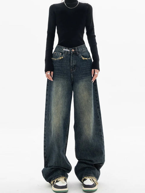 High Waist Wide Leg Jeans in Navy Blue