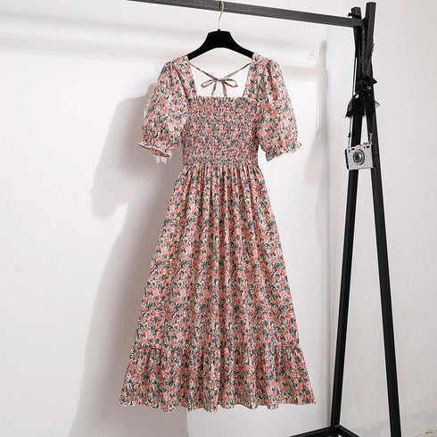 Floral A-Line Chiffon Dress with Short Sleeves