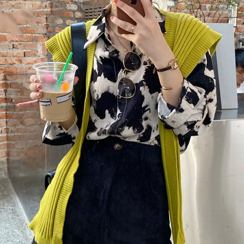 Spring Cow Print Button-Up Blouse for Women