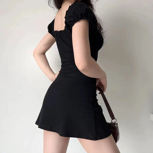 Summer Sexy Mini Dress Women Short Sleeved Lace Up Backless A-Line Casual Bodycon Black Dress for Parties