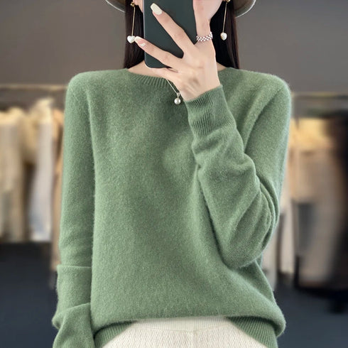 Women 100% Pure Merino Wool O-Neck Sweater