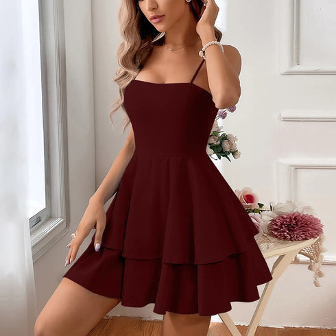 Elegant Double-Layer Suspender Dress for Evening Events