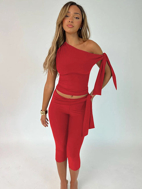 Women’s One Shoulder Sleeveless Top & Knee-Length Pants Set
