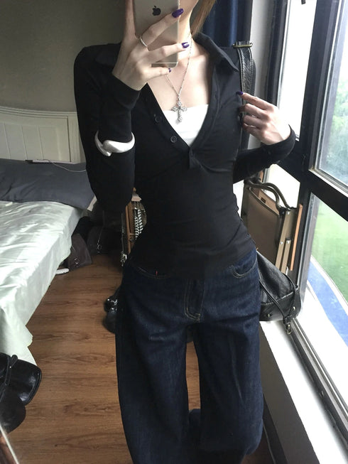 Genayooa Retro Y2K Long Sleeve Black T-shirt for Women