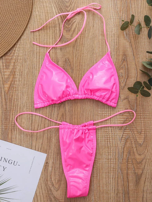 Shiny Black PU Mini Bikini Set for Women