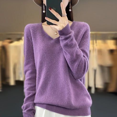 100% Merino Wool V-Neck Pullover Sweater for Women