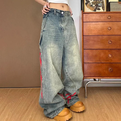 Korean Style Women's Wide Leg Jeans with Side Stripes