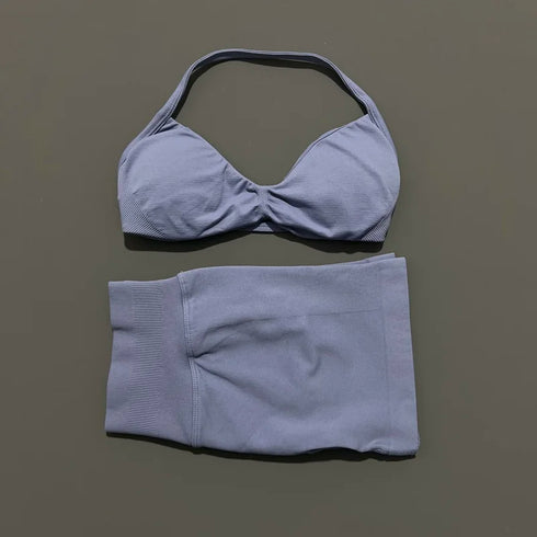 HISTELLO Women's Seamless Yoga Set with Strappy Bra and Shorts