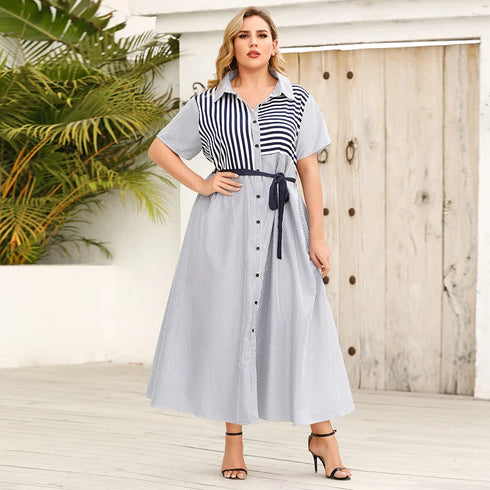 Summer Strappy Lapel Striped Short-Sleeved Dress