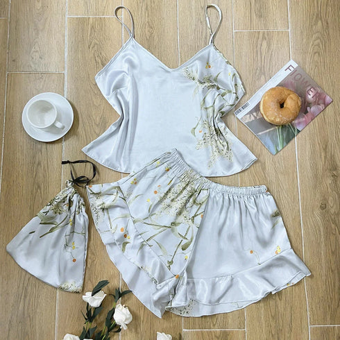 3 Pcs Floral Silk Pyjama Set with Shorts & Bag