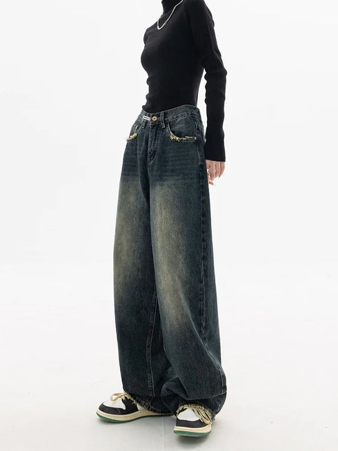 High Waist Wide Leg Jeans in Navy Blue