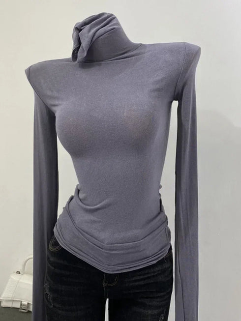 Turtleneck Long Sleeve Cotton Top for Women